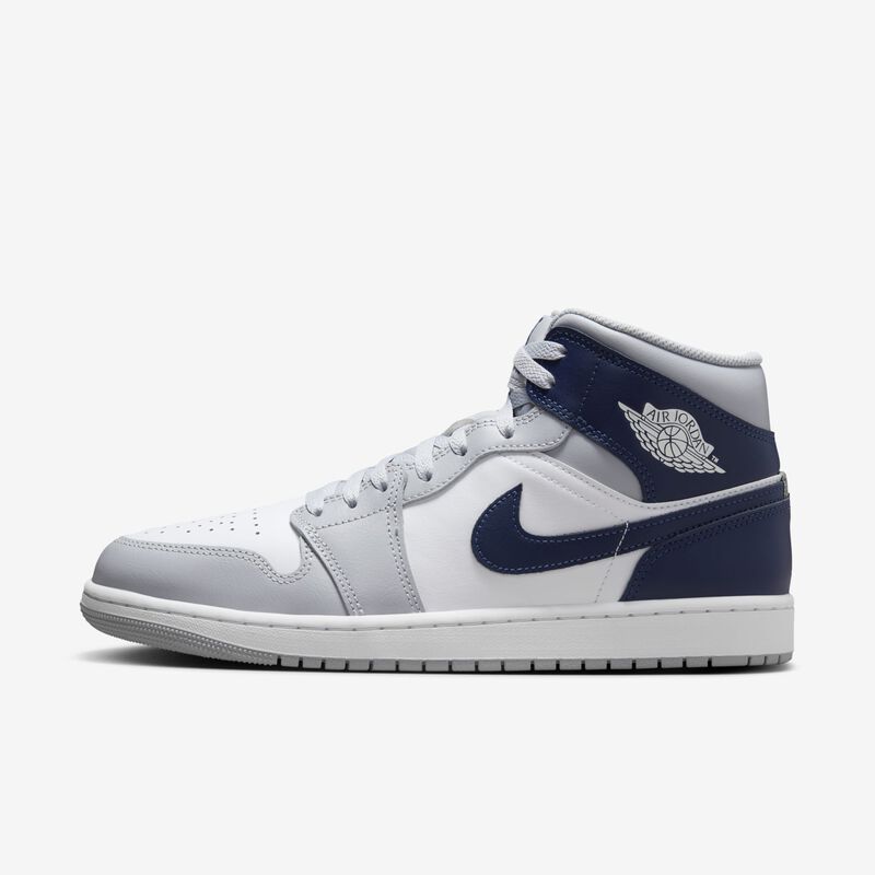 Air Jordan 1 Mid, Blanco/Gris Lobo/Azul Marino Medianoche, hi-res
