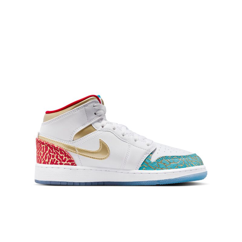Air Jordan 1 Mid Sneaker School, Blanco/Rojo universitario/Oro metalizado, hi-res