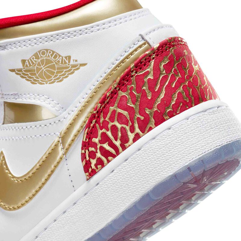 Air Jordan 1 Mid Sneaker School, Blanco/Rojo universitario/Oro metalizado, hi-res