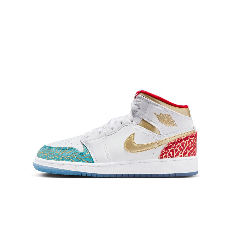 Air Jordan 1 Mid Sneaker School, Blanco/Rojo universitario/Oro metalizado, hi-res