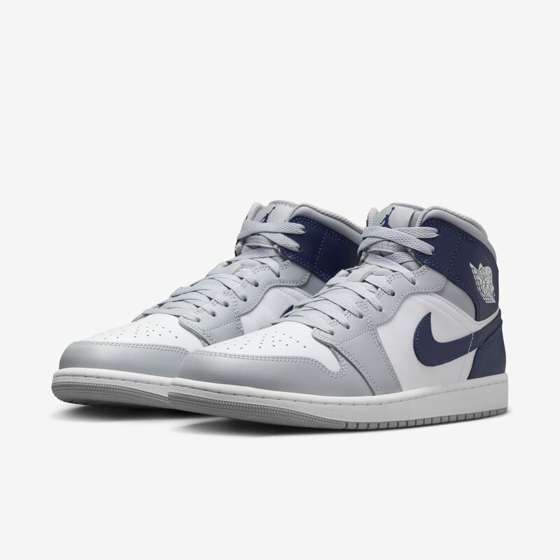 Air Jordan 1 Mid, Blanco/Gris Lobo/Azul Marino Medianoche, hi-res