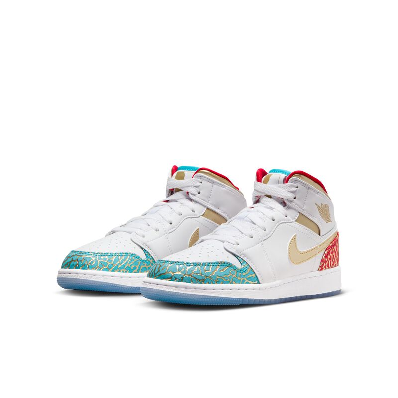 Air Jordan 1 Mid Sneaker School, Blanco/Rojo universitario/Oro metalizado, hi-res