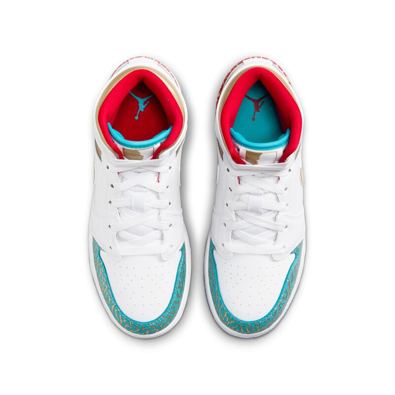 Air Jordan 1 Mid Sneaker School, Blanco/Rojo universitario/Oro metalizado, hi-res