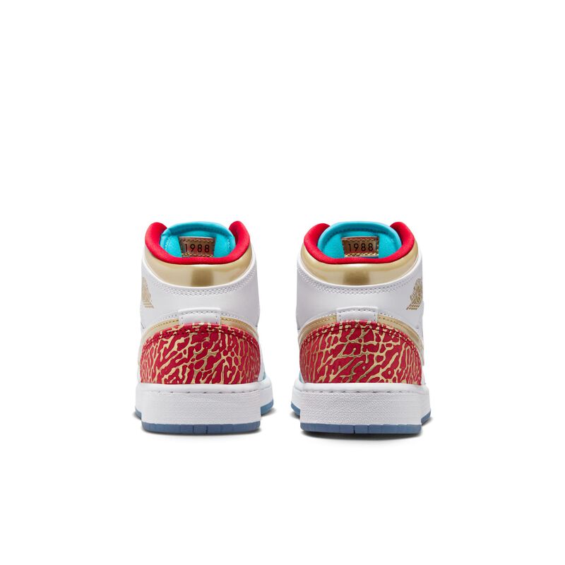 Air Jordan 1 Mid Sneaker School, Blanco/Rojo universitario/Oro metalizado, hi-res