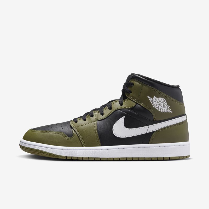 Air Jordan 1 Mid, Negro/Blanco-Oliva Medio-Vela, hi-res
